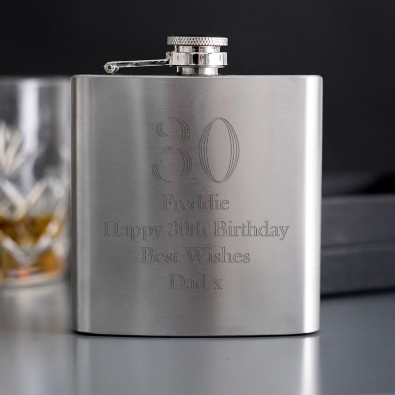 30th Birthday Engraved Brushed Steel Hip Flask product image