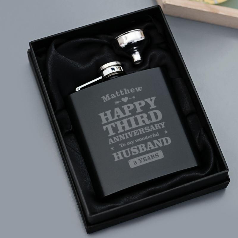 Personalised 3rd Anniversary Husband Black Hip Flask product image