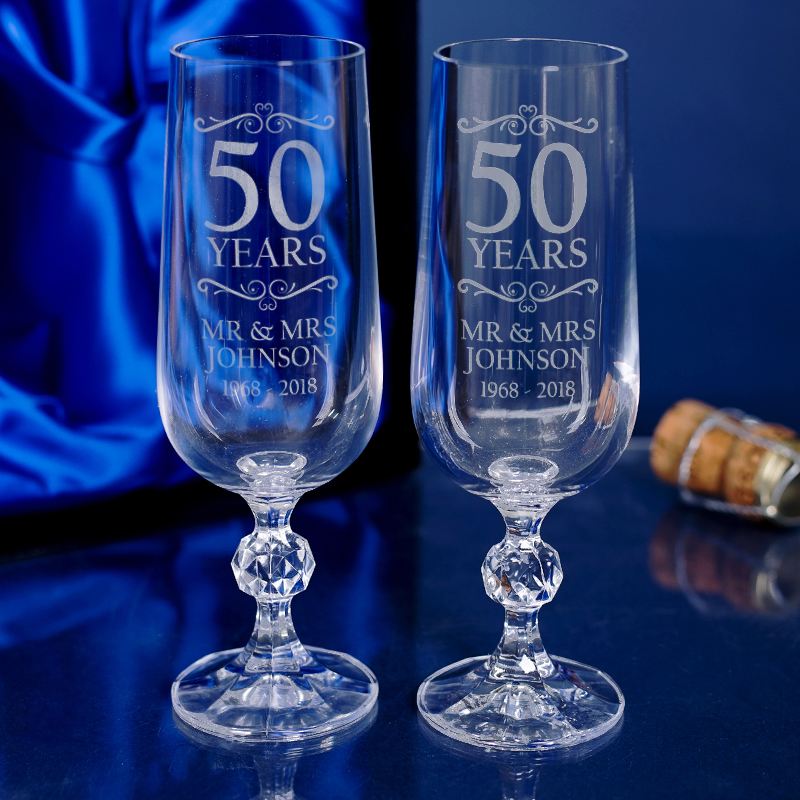 Pair Of Engraved 50th Anniversary Champagne Flutes - The Personalised