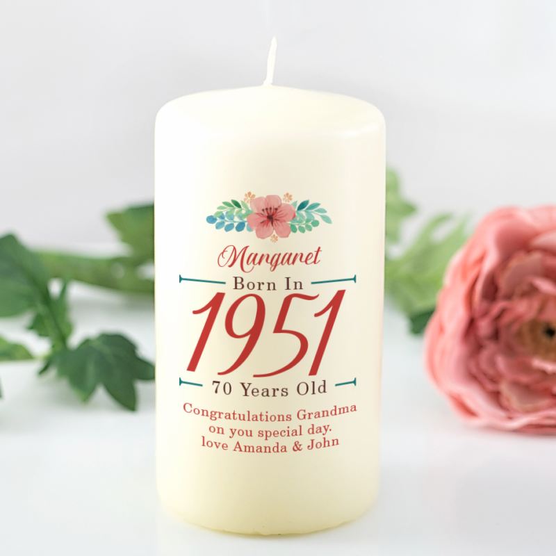 70th Birthday Personalised Candle - Floral Design product image