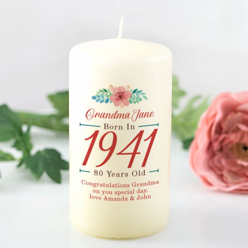 80th Birthday Personalised Candle - Floral Design product image