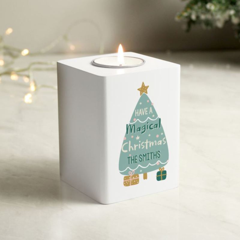 Personalised Christmas Tree White Wooden Tea light Holder product image
