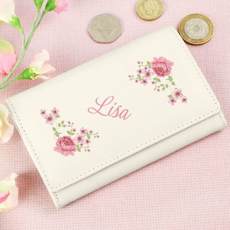 Personalised Floral Cream Leather Purse product image