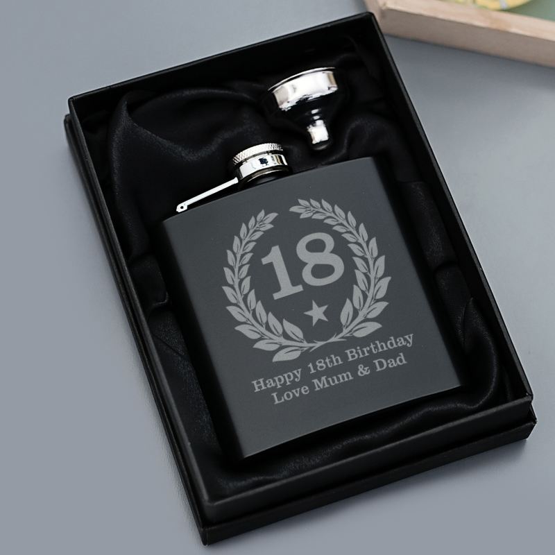 18th Birthday Engraved Satin Steel Black Hip Flask product image