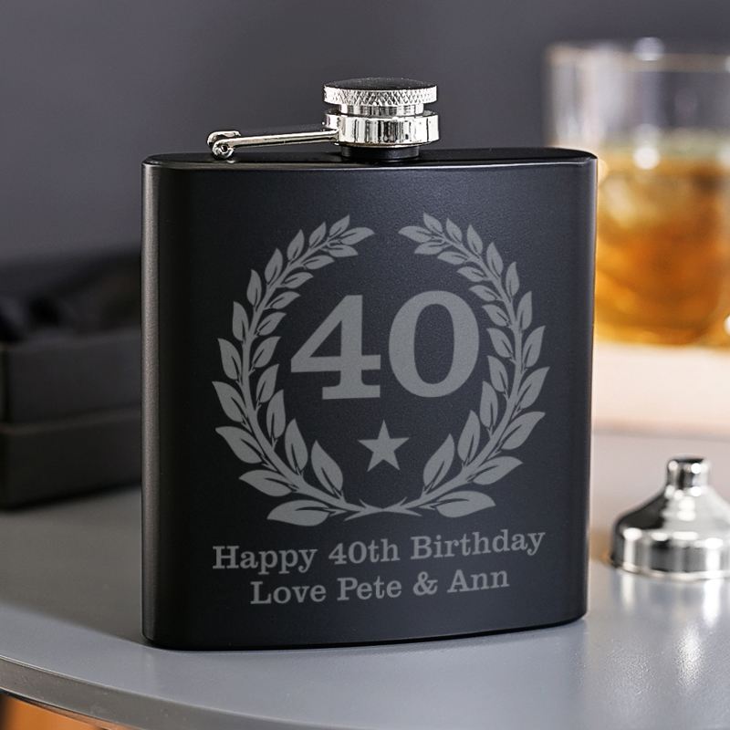 40th Birthday Engraved Satin Steel Black Hip Flask product image