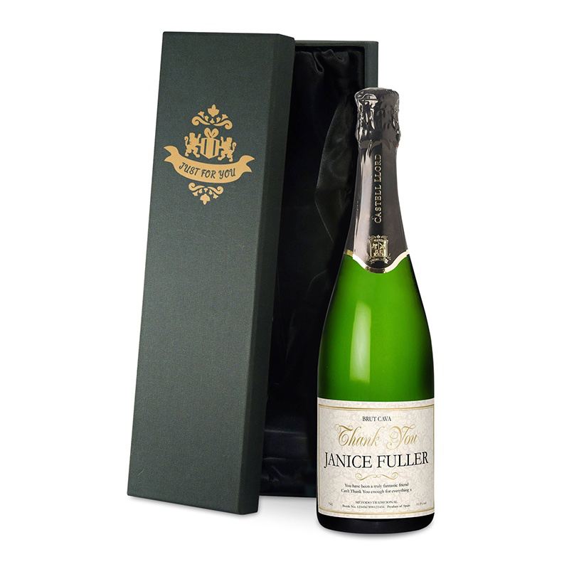 Cava with Personalised Thank You Floral Label in a Silk Lined Gift Box product image