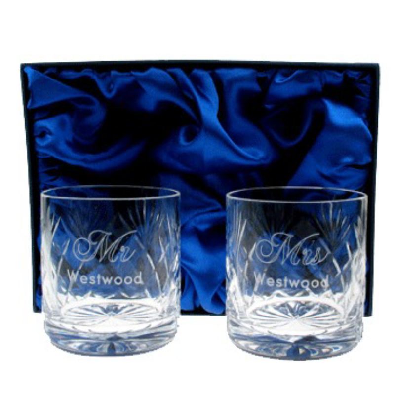 Engraved Crystal Anniversary Mr and Mrs Whisky Glasses product image