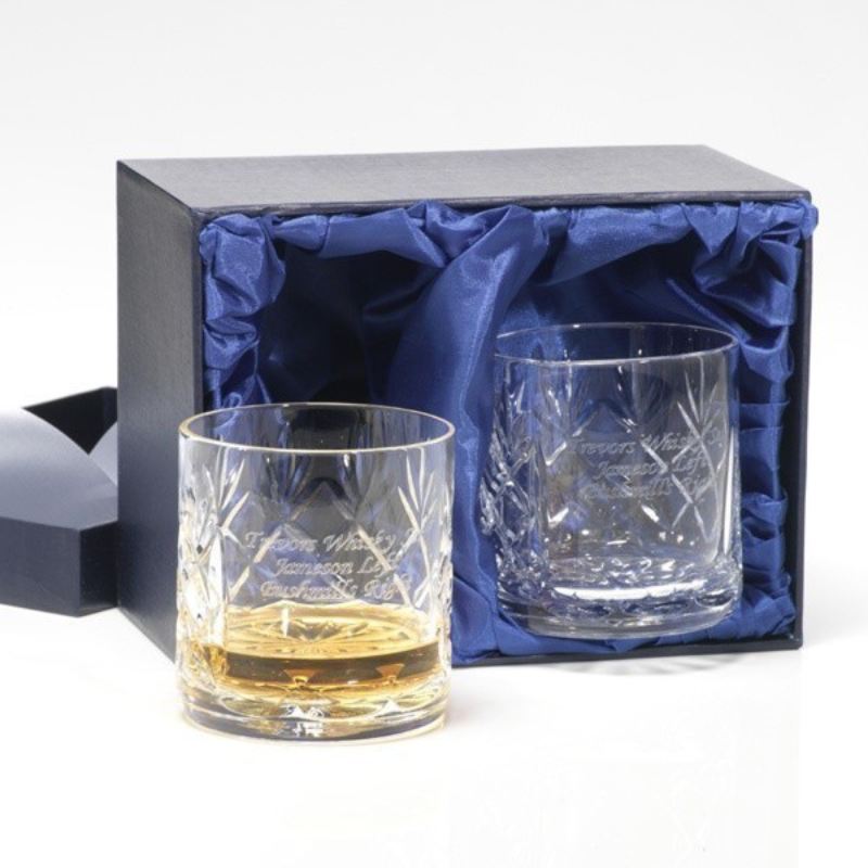 Pair Of Personalised Crystal Whisky Glasses Wedding Anniversary In Silk Gift Box 