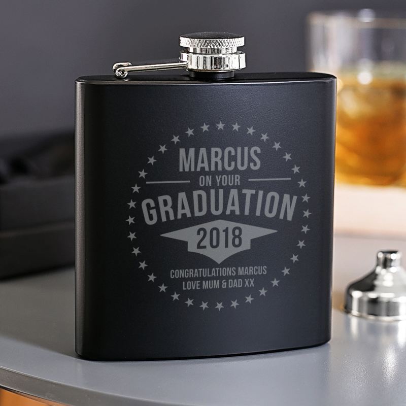 Engraved Graduation Satin Steel Black Hip Flask product image