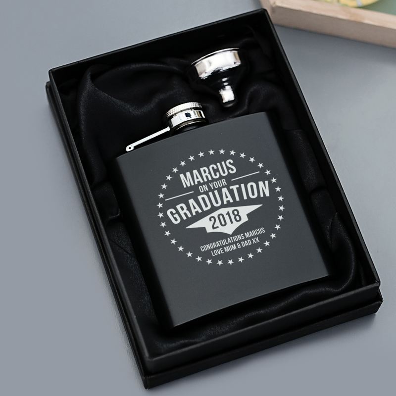 Engraved Graduation Satin Steel Black Hip Flask product image