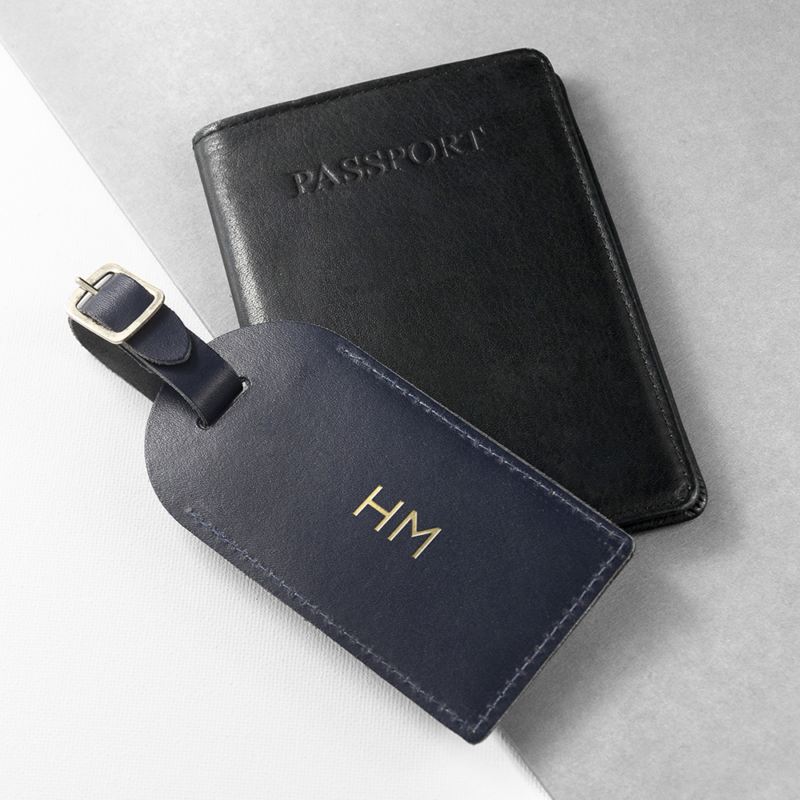 Personalised Navy Foiled Leather Luggage Tag The Personalised Gift Shop