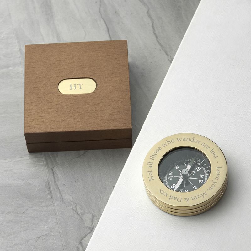 Personalised Brass Travellers Compass with Wooden Box product image