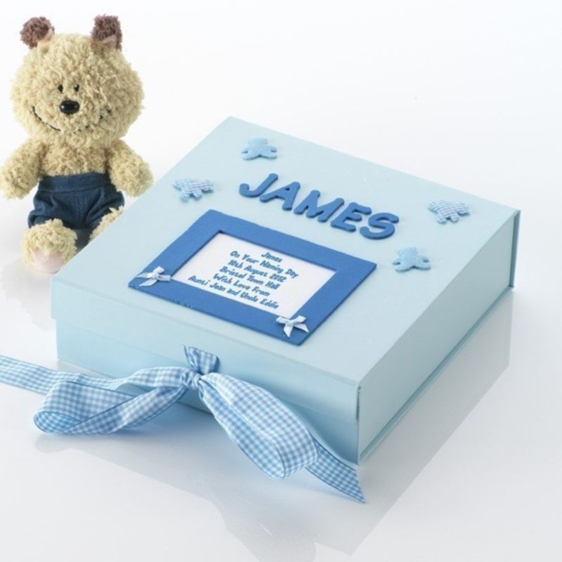 Personalised Handmade Gingham Teddies Naming Day Celebration Card Blue Pink